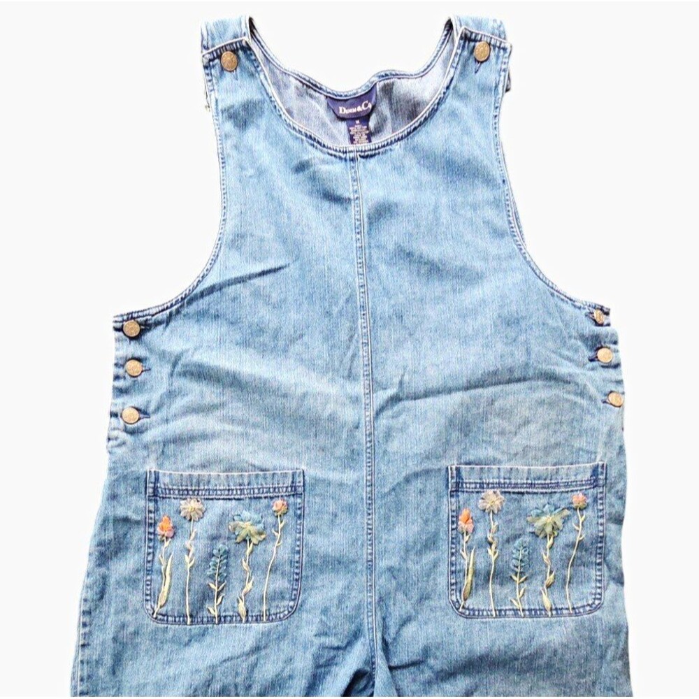Denim & Co. Plus 1X Blue Denim Overall Jumpsuit Floral Embroidered Pockets